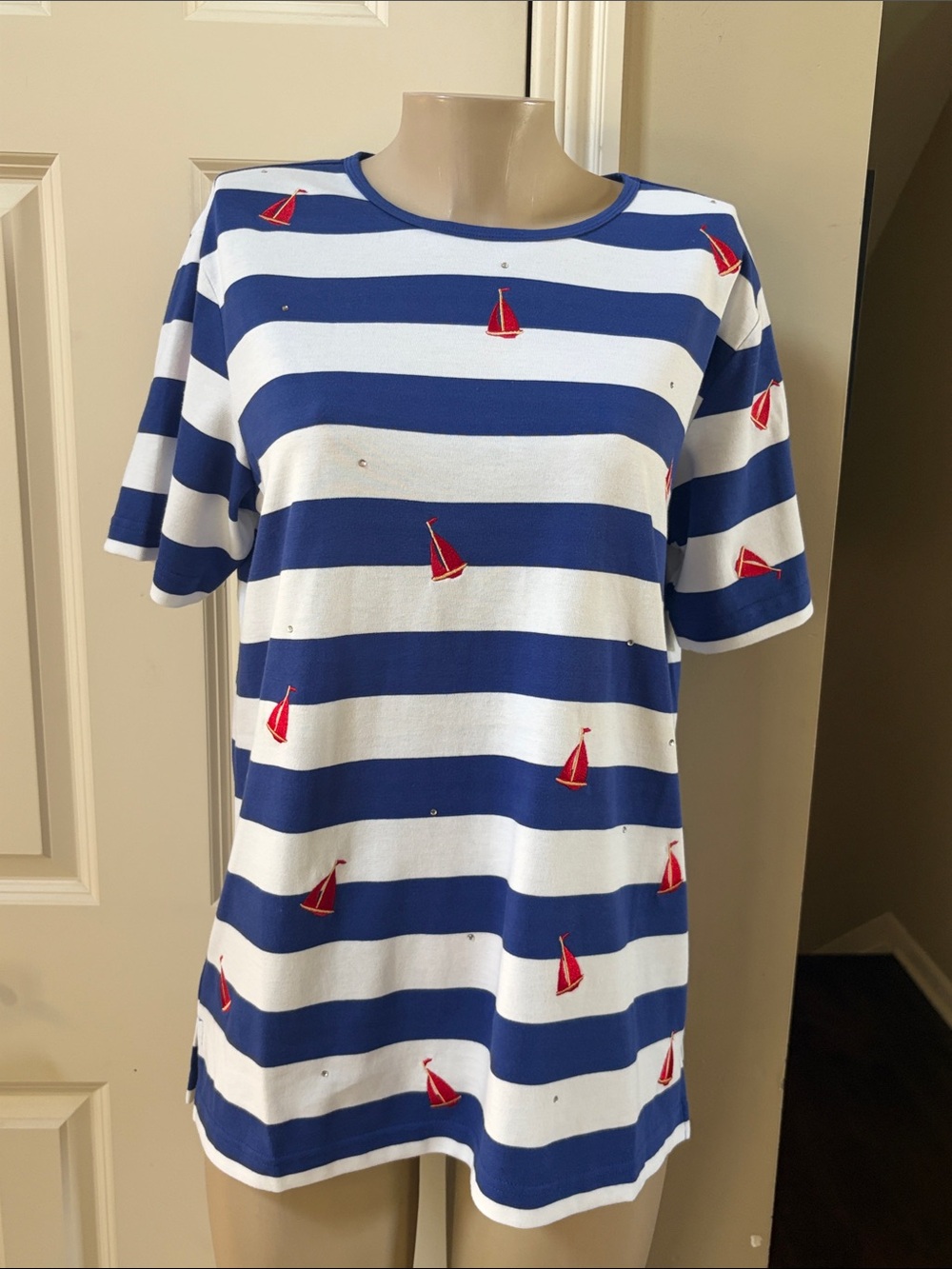 NWT The Quacker Factory Striped S/S Tee with Red Sailboat Embroidery, LG